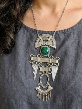 Peruvian Metal works Boho Statement Necklace With Green/Blue Stone